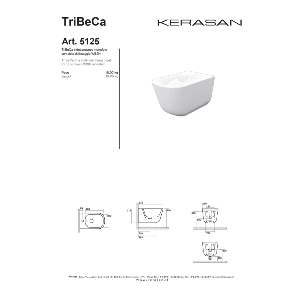 Bidet Sospeso Kerasan Bianco Lucido "Tribeca"