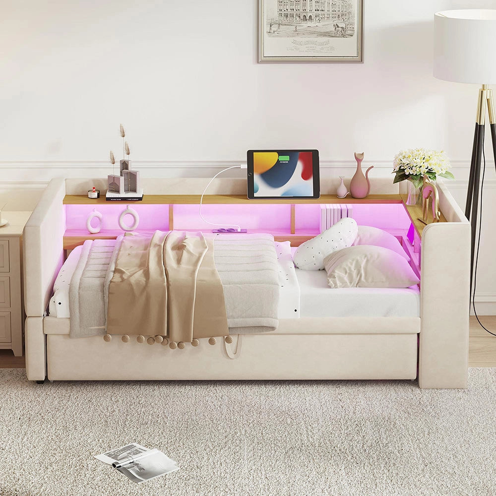 Divano letto - Xylo - 90/180x190 cm LED USB beige