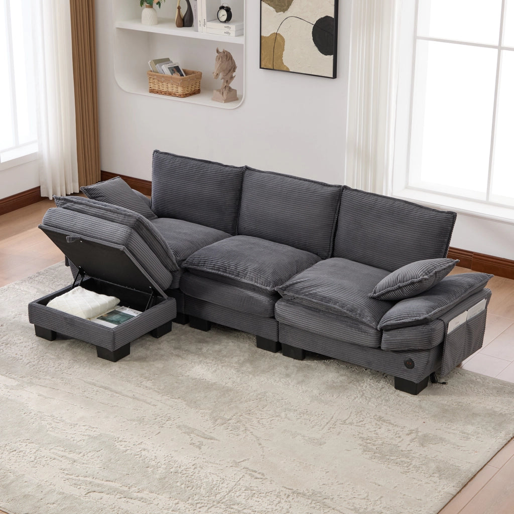 Divano 3 Posti con Poggiapiedi in Tessuto ¨C MINIMAL ¨C Grigio Scuro
