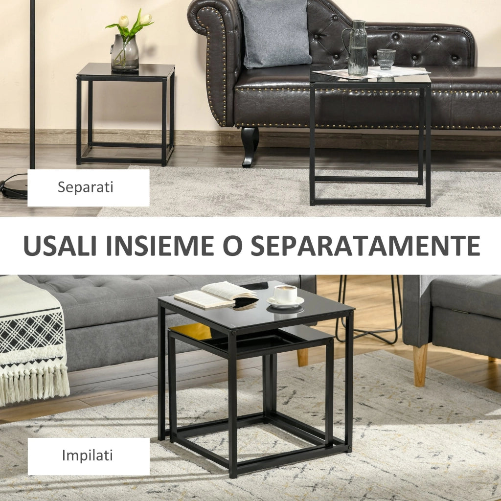 Set 2 Tavolini Moderni Piani in Vetro Temperato Nero