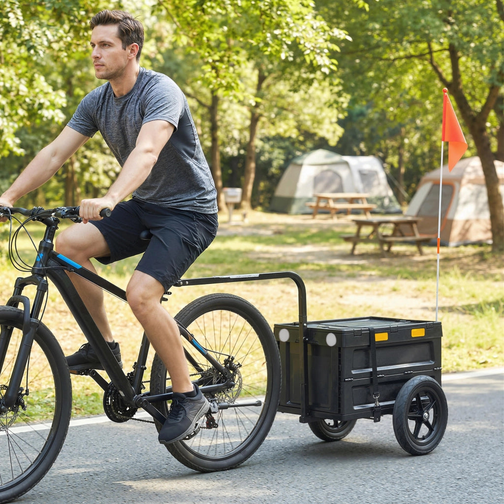 Rimorchio per Bicicletta Cargo Pieghevole ¨C Xylo ¨C Cassone Plastica 65L con Coperchio 145x51,5x72cm Nero