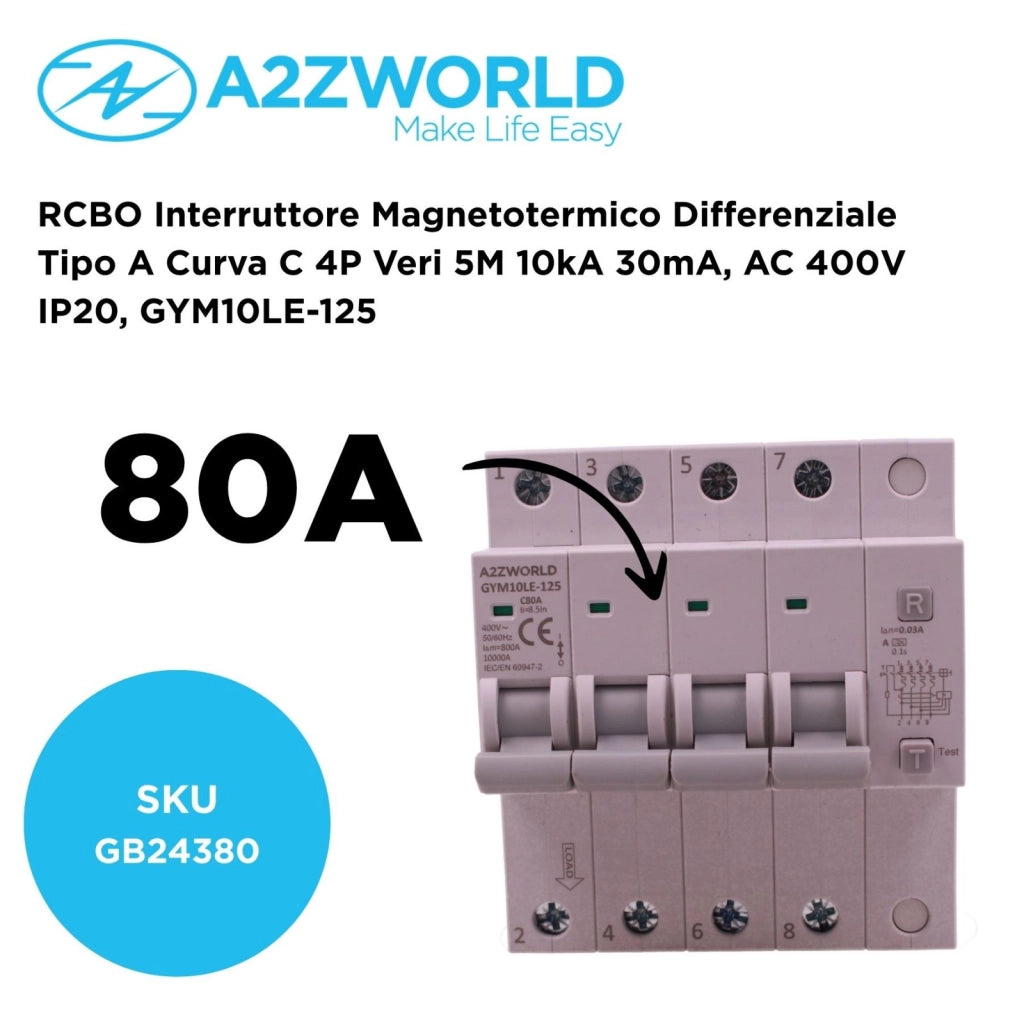 RCBO Interruttore Magnetotermico Differenziale Tipo A Curva C 4P Veri 5M 10kA 30mA, AC 400V IP20, GYM10LE-125, Disponibili 63A 80A 100A (C80A)