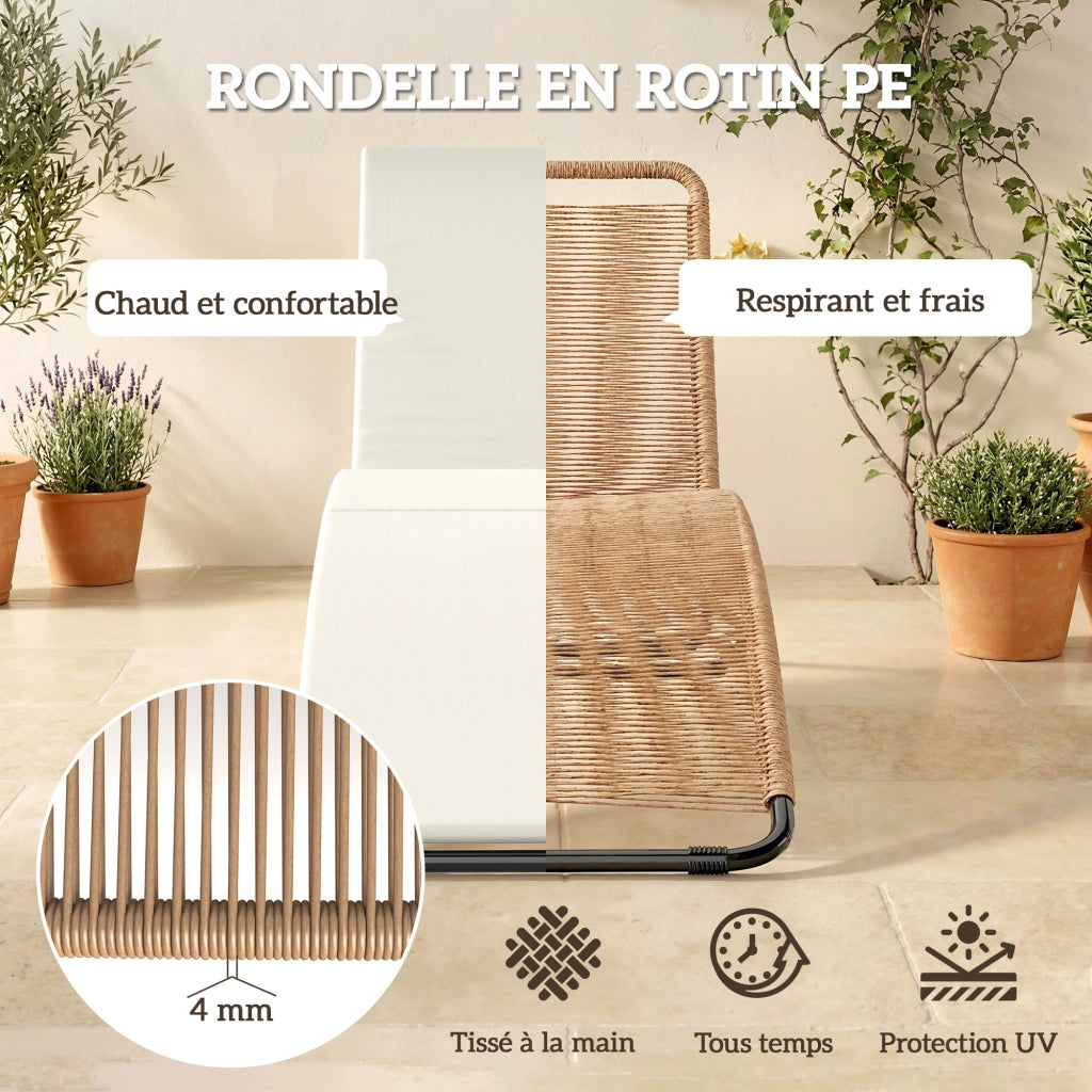 Lettino da giardino ¨C zephmum ¨C Resina intrecciata, struttura in acciaio, cuscino crema