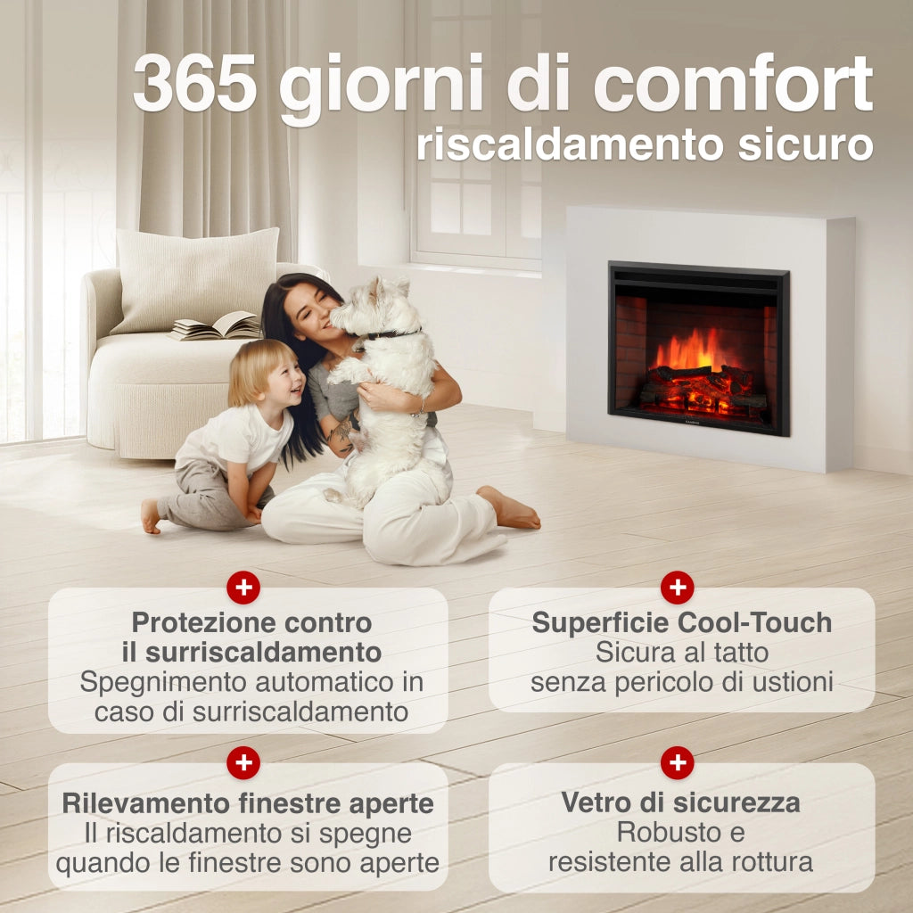 KAMINIO Camino elettrico LUCA - Camino elettrico a incasso con riscaldamento, effetto fiamma 3D, 12 colori di fiamma, telecomando - 30 pollici