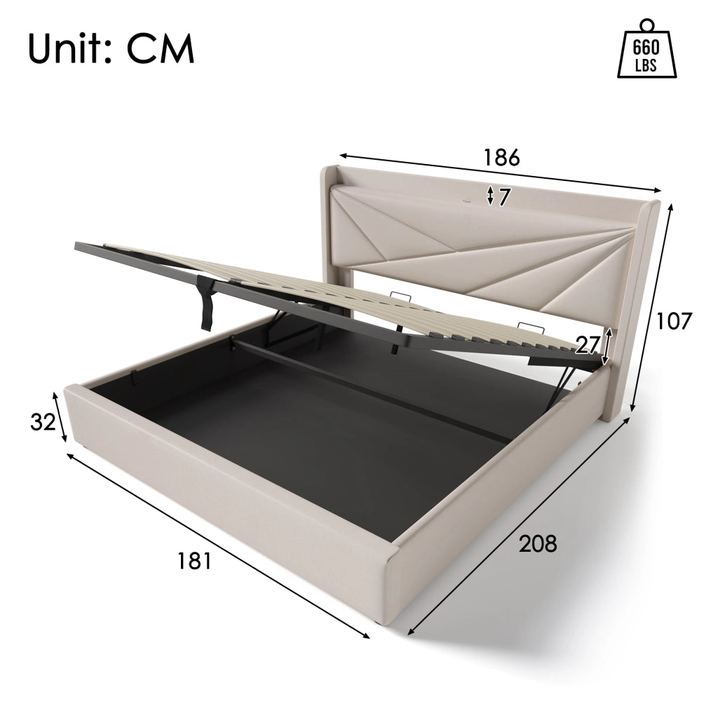 LETTO matrimoniale contenitore 180x200 cm beige in cotone lino con USB Type-C