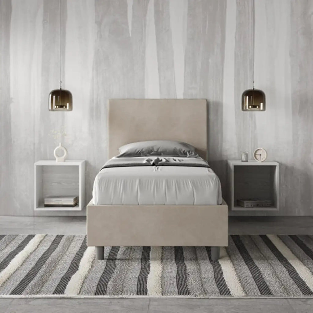 Letto singolo contenitore imbottito 80x210 microfibra sabbia Adele