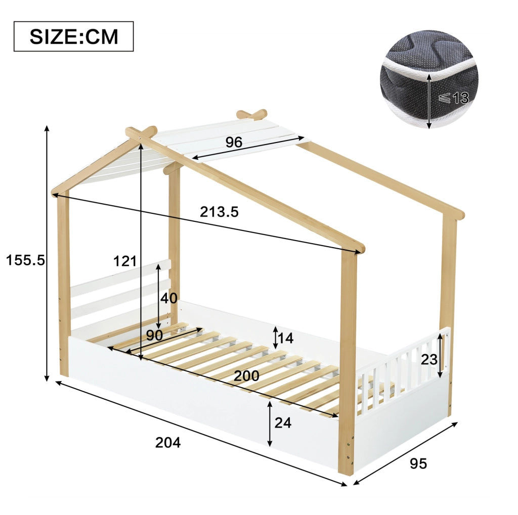 Letto per bambini a casetta 90x200 cm in legno bianco e naturale