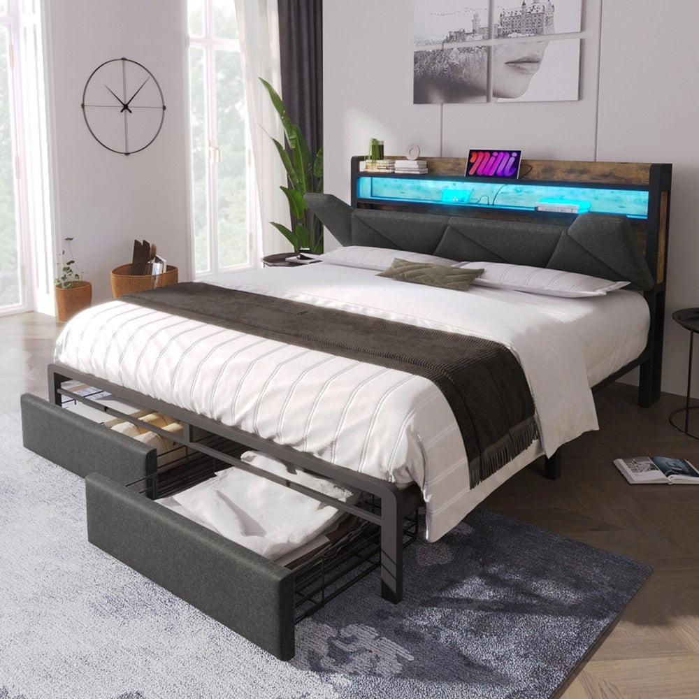 Letto Contenitore Imbottito con LED e Cassetti ¨C MINIMAL ¨C Grigio 160x200