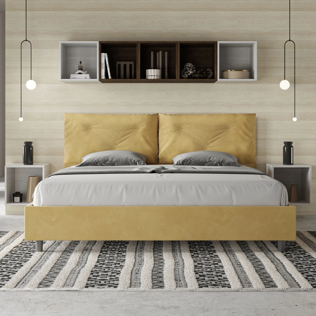 BS COM Letto matrimoniale king size contenitore imbottito 190x190 microfibra ocra Large