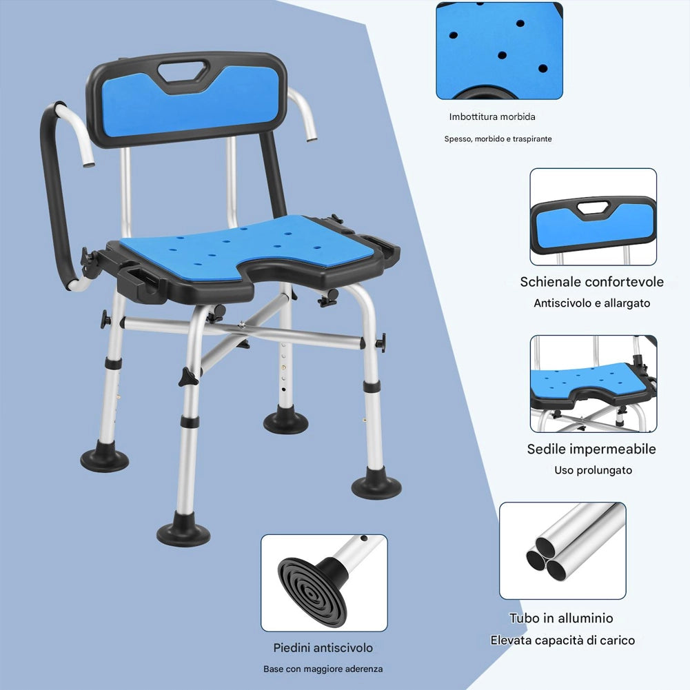 Sedia Sgabello da Bagno Doccia Altezza Regolabile Maniglie Sicurezza in Alluminio e HDPE Blu