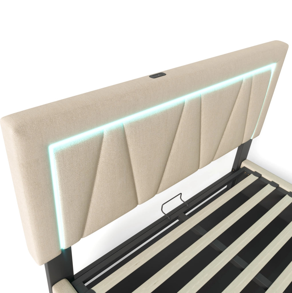 Bettgestell 140x200 cm in Leinen Beige con LED; USB e Type-C; testiera regolabile e contenitore