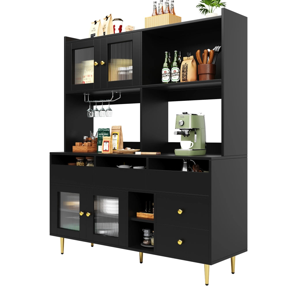 Mobile Alto da Pranzo ¨C Xylo ¨C Nero con Decoro Oro, Ante in Vetro, Porta Calici, 145x39x171