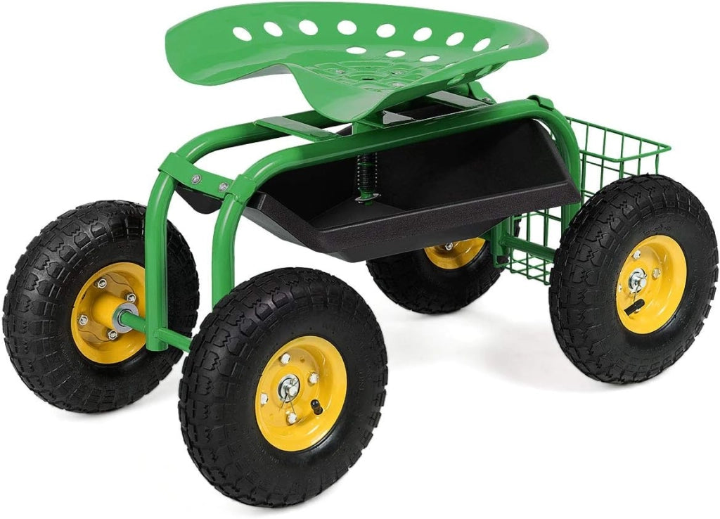 Sgabello da Giardino, Sgabello per Giardinaggio con Ruote, Sedile Regolabile in Altezza e Girevole a 360°, Cestello e Vassoio, Carrello per Prato e Giardino, Portata 150 kg(Verde)