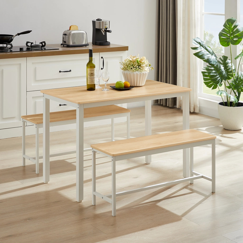 Tavolo da Pranzo con 2 Panche ¨C MINIMAL ¨C Legno Naturale e Bianco