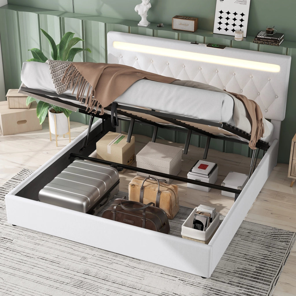 OKWISH Letto Contenitore 180×200 cm, Letto Matrimoniale con Contenitore, USB, USB-C e LED Regolabile, senza Materasso, Lino, Bianco