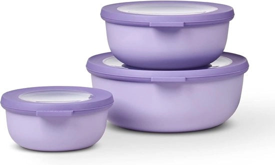 Set di contenitori a 3 pezzi, 350, 750 e 1250 ml, in Nordic Lilac, per uso come contenitore di riserva, contenitore per frigorifero, contenitore per freezer, servizio per magnetron e piatto da servizio con coperchio.