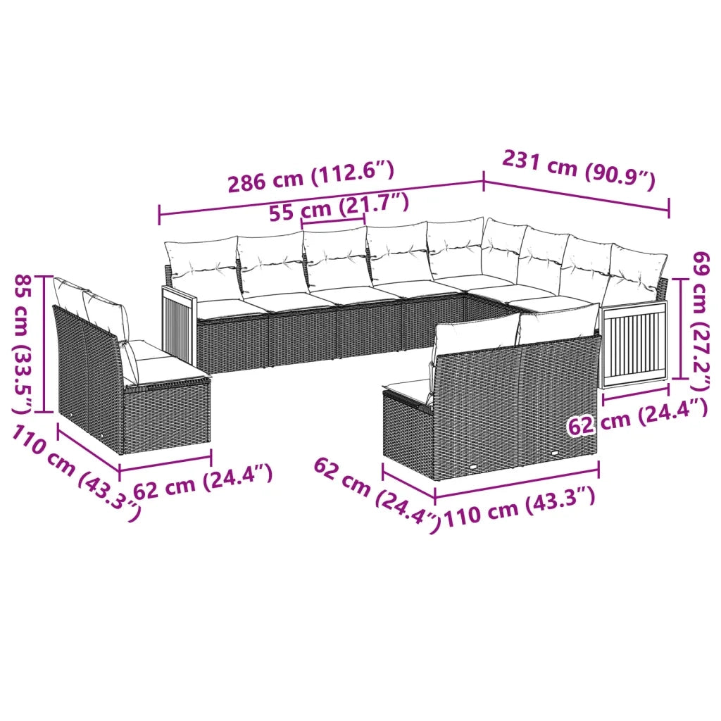 Set Divani da Giardino 12 pz con Cuscini Beige in Polyrattan
