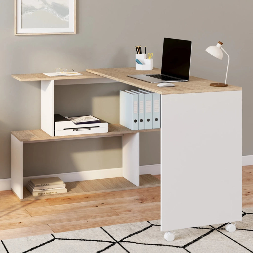 IDMarket - JOY Scrivania angolare girevole a 180° Scaffale a S in legno effetto faggio e bianco