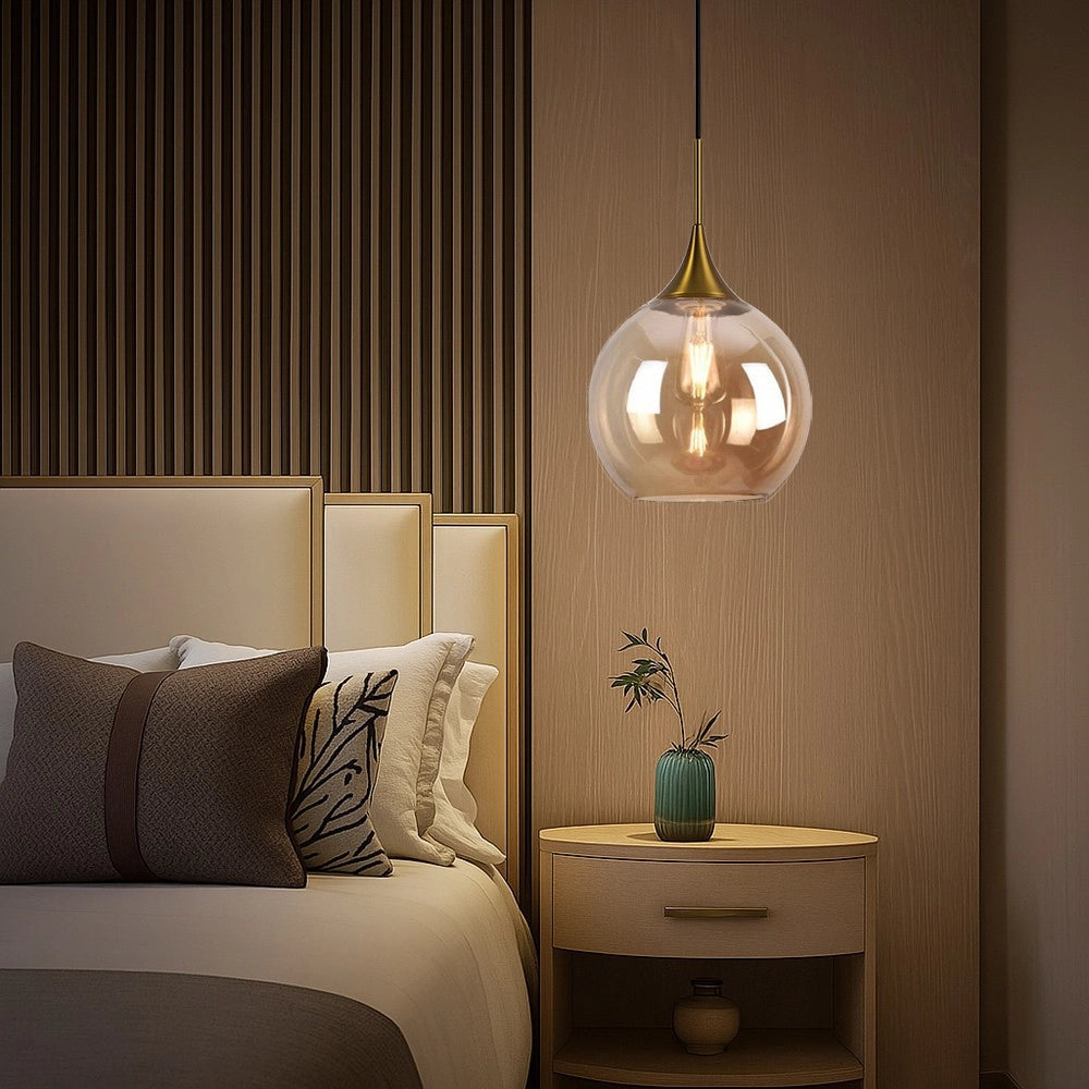 Trade Shop - Lampadario A Sospensione Decorativa In Metallo Con Sfera In Vetro Attacco E27 Ip20 A72 - Oro