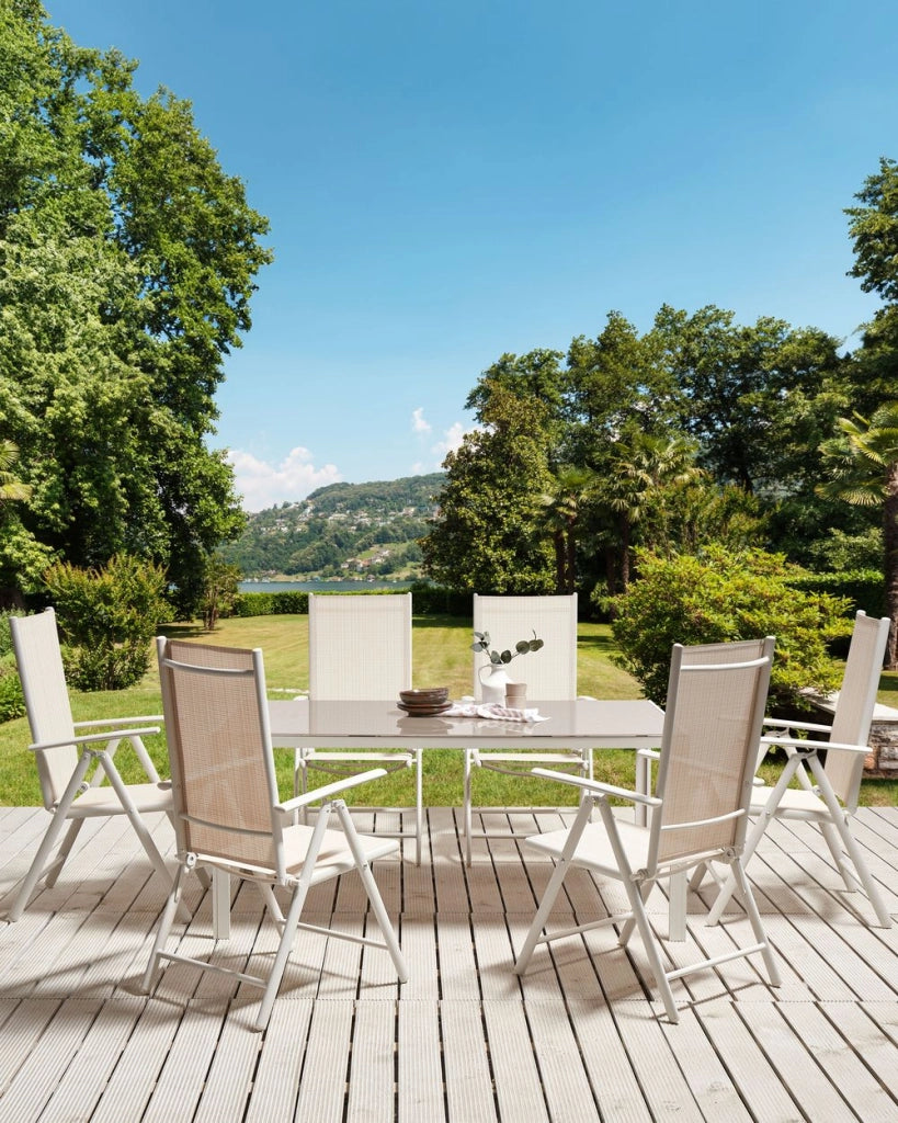 Set di 6 sedie da giardino in tessuto beige struttura in alluminio bianco pieghevole reclinabile