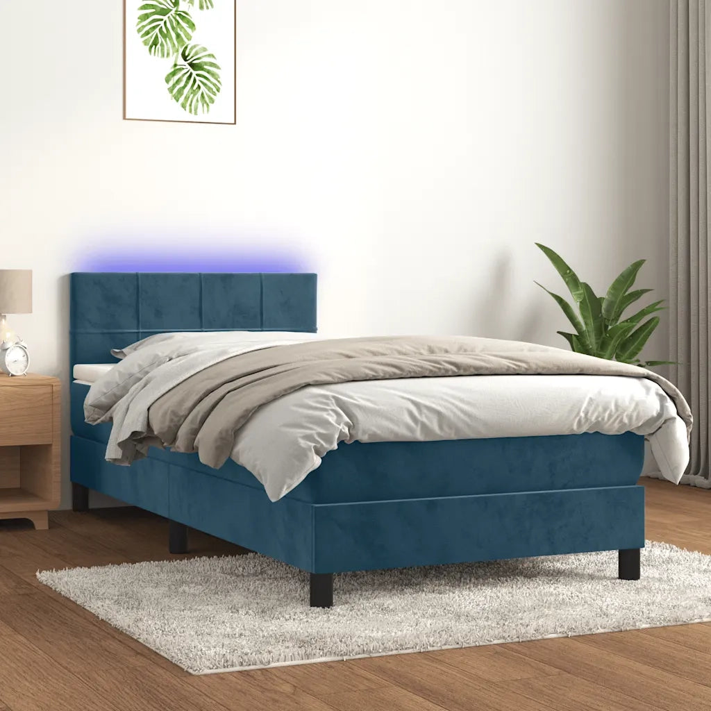 Letto a Molle con Materasso e LED Blu Scuro 100x200 cm