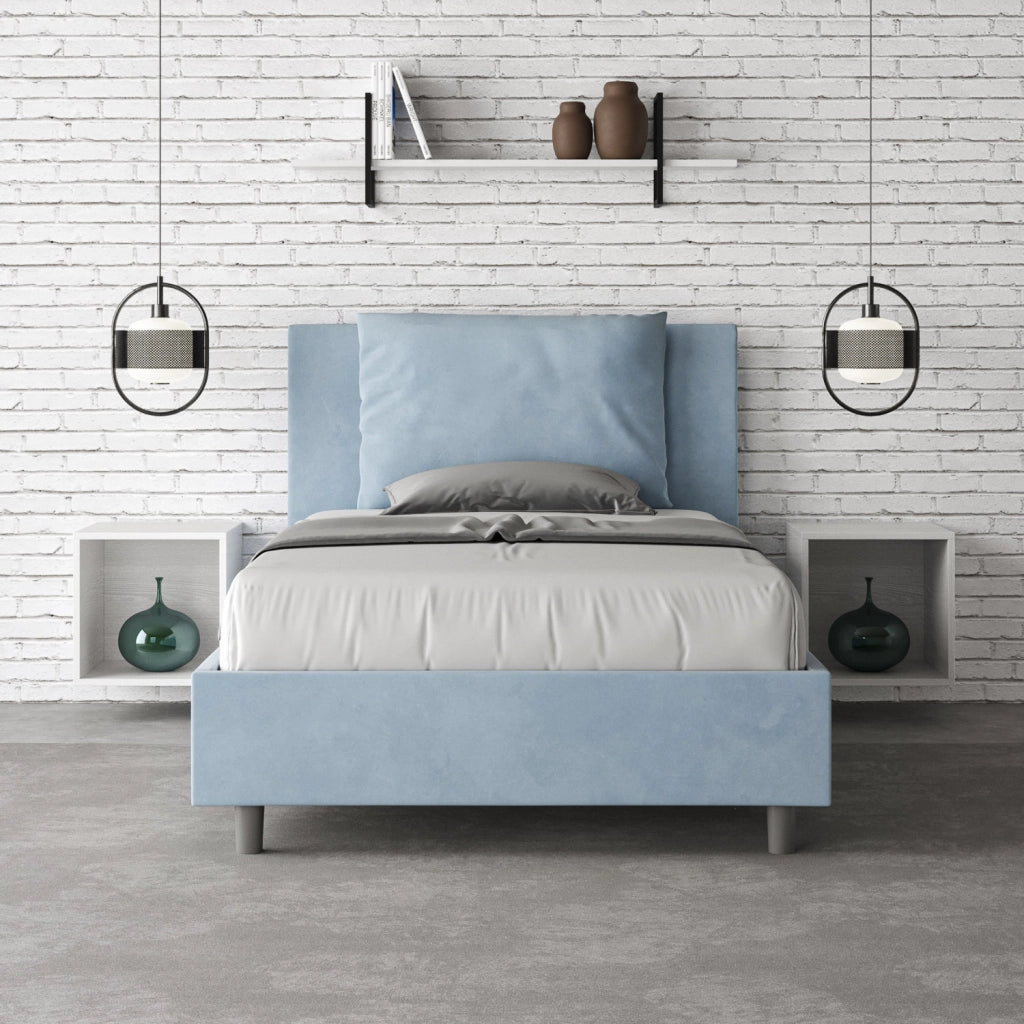 BS COM Letto una piazza e mezza con rete imbottito 120x190 microfibra azzurro