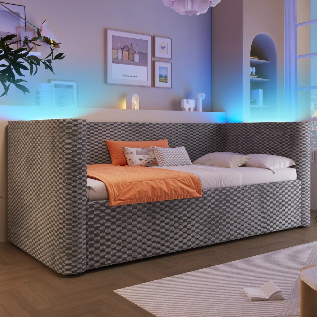 LETTO DAYBED 90x200 cm Velluto Grigio con LED e contenitore idraulico