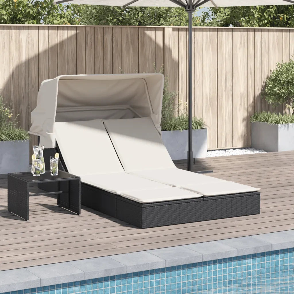 Lettino Prendisole | Sdraio da giardino | Lettino da sole Doppio Baldacchino e Cuscini Nero Polyrattan