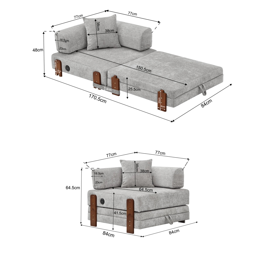 Divano letto pieghevole 2 in 1 con porte USB e Type-C, tasche laterali e box contenitore in tessuto light grey