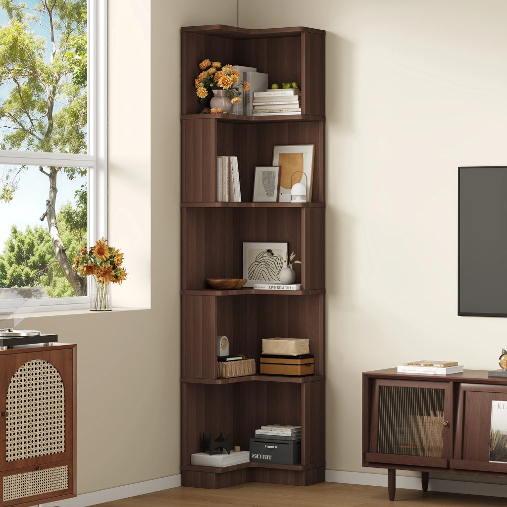 Libreria angolare con 5 ripiani e strisce LED controllate da app in MDF marrone 63,5 × 45 × 175 cm