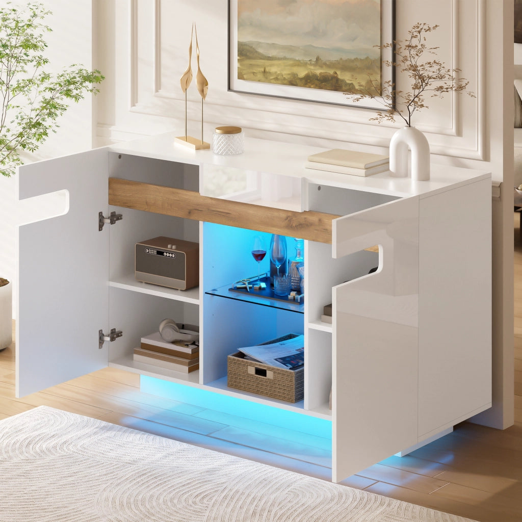 SIDEBOARD LED 120x40x80 cm Bianco e Effetto Legno Naturale