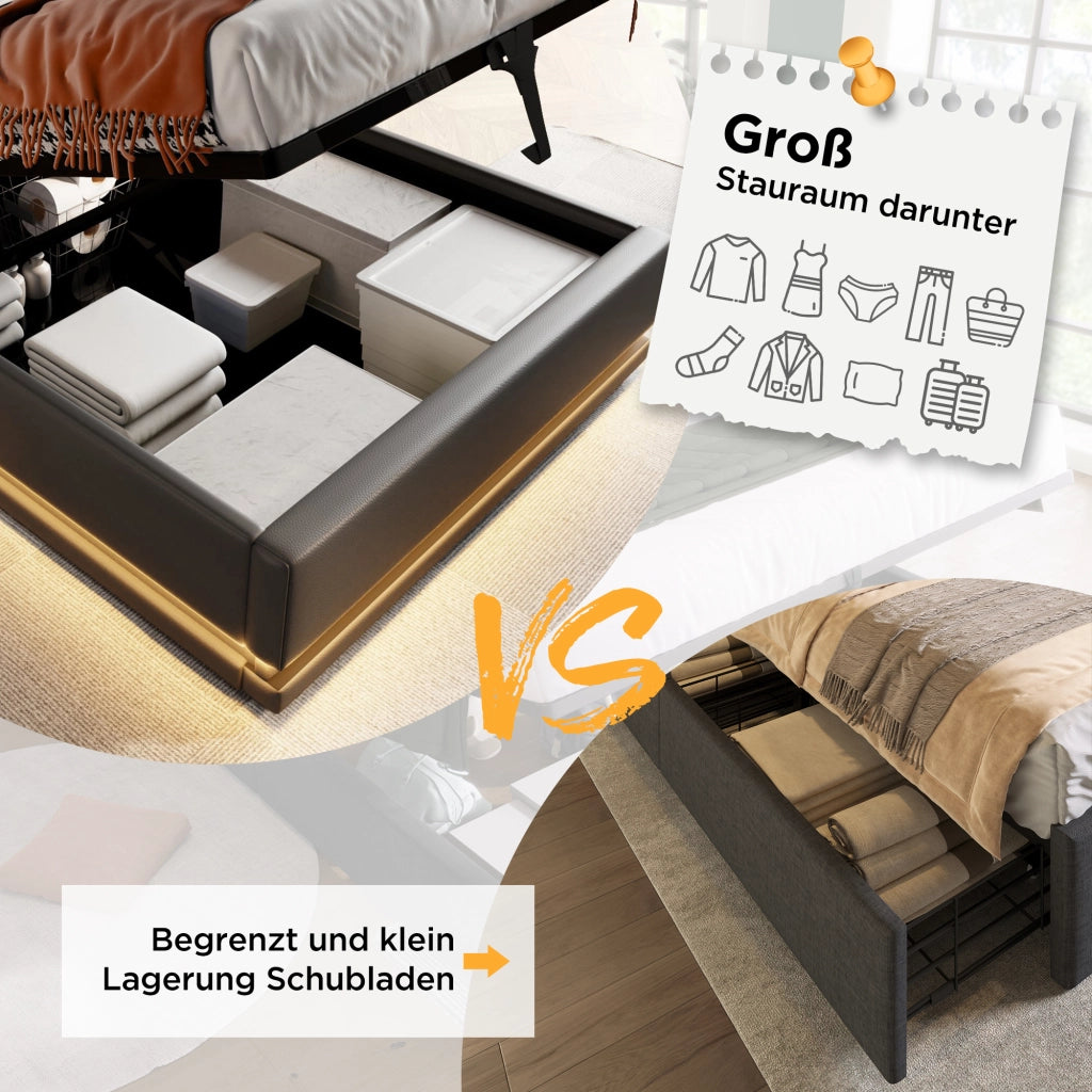 LETTO imbottito 90x200 cm in PU nero con USB Tipo C e LED