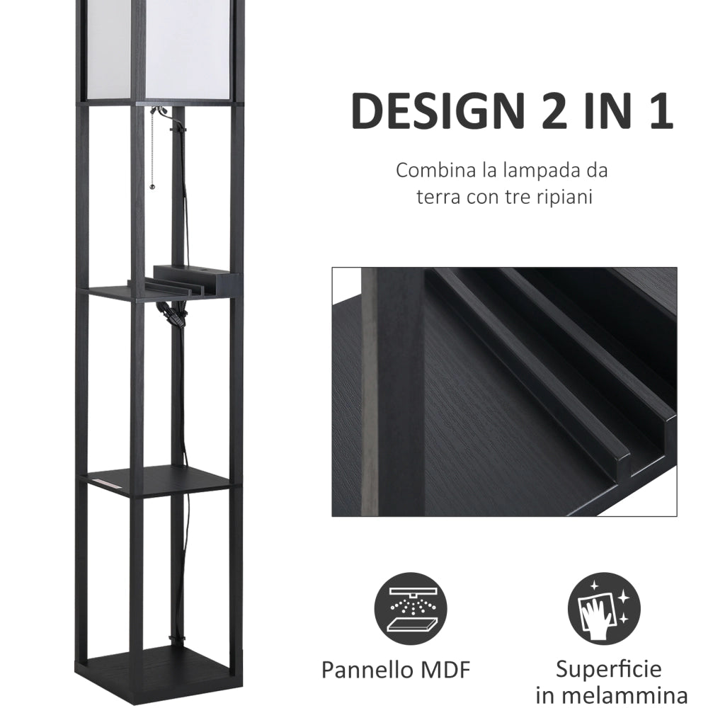 Lampada da Terra con Ripiani ¨C Xylo ¨C Nero e Bianco 26x26x160cm