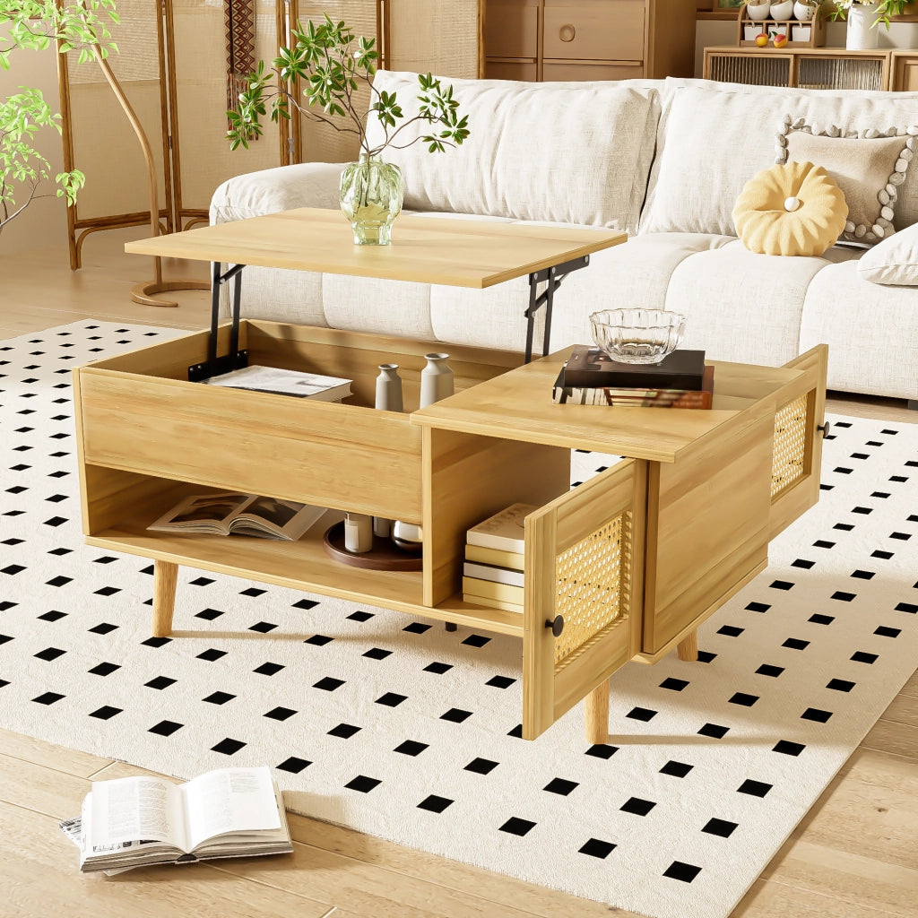 OKWISH Tavolino da Salotto Rettangolare con Piano Sollevabile e 2 Ante Effetto Rattan, per Soggiorno, in Truciolare, 103 x 50 x 46 cm