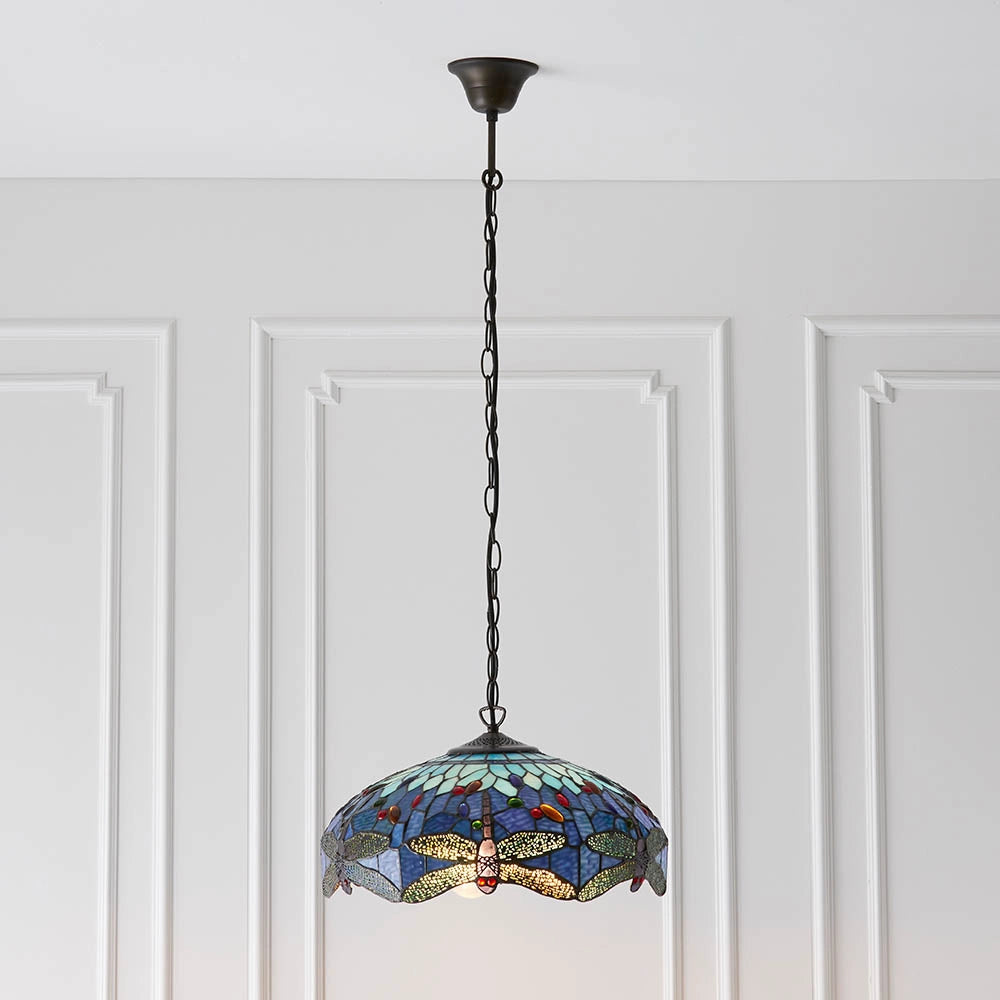Lampada a sospensione Tiffany in vetro Blu Libellula 3xE27