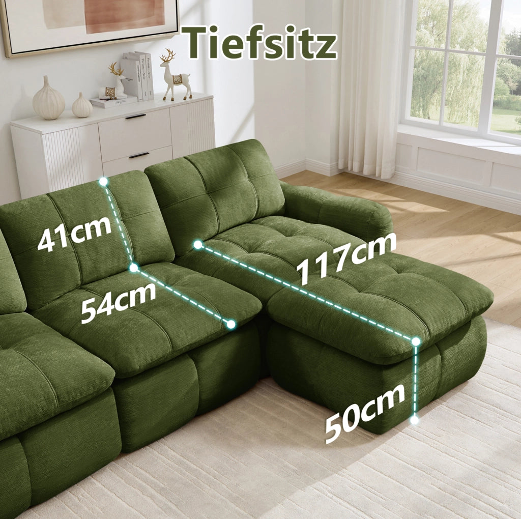Divano modulare angolare 4 posti con pouf in chenille verde 334x160x68 cm