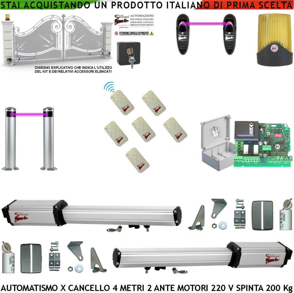 Automatismo Cancello 5 Metri 2 Ante da 2,5 MT Kit Motori Elettromeccanici 230V Sblocco Corsa 300mm Spinta 2 Q.li Staffe 6 Radiocomandi 2 Coppie Fotocellule 2 Pali Selettore 2 Ck Faro Cartello Monitore