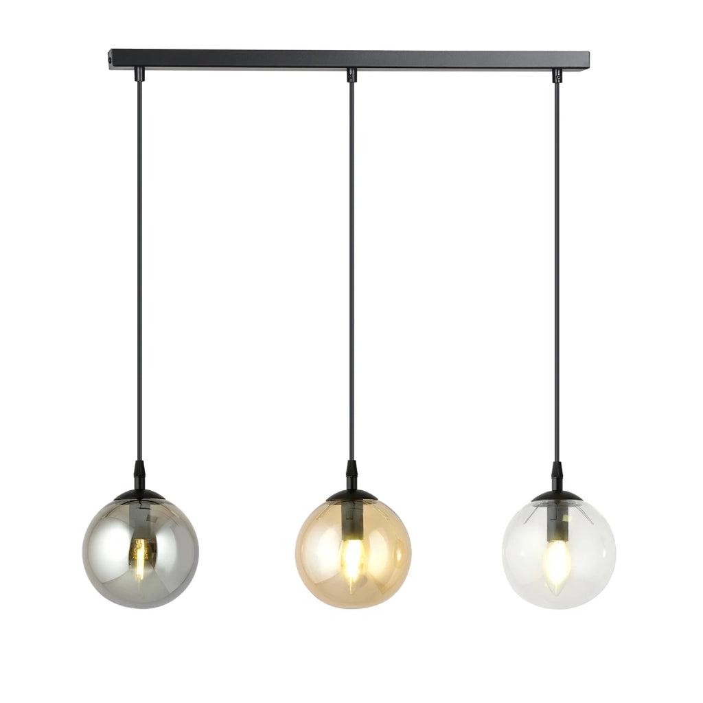 Sospensione Moderna 3 Luci Kali In Acciaio Nero E Sfere In Vetro Multicolor
