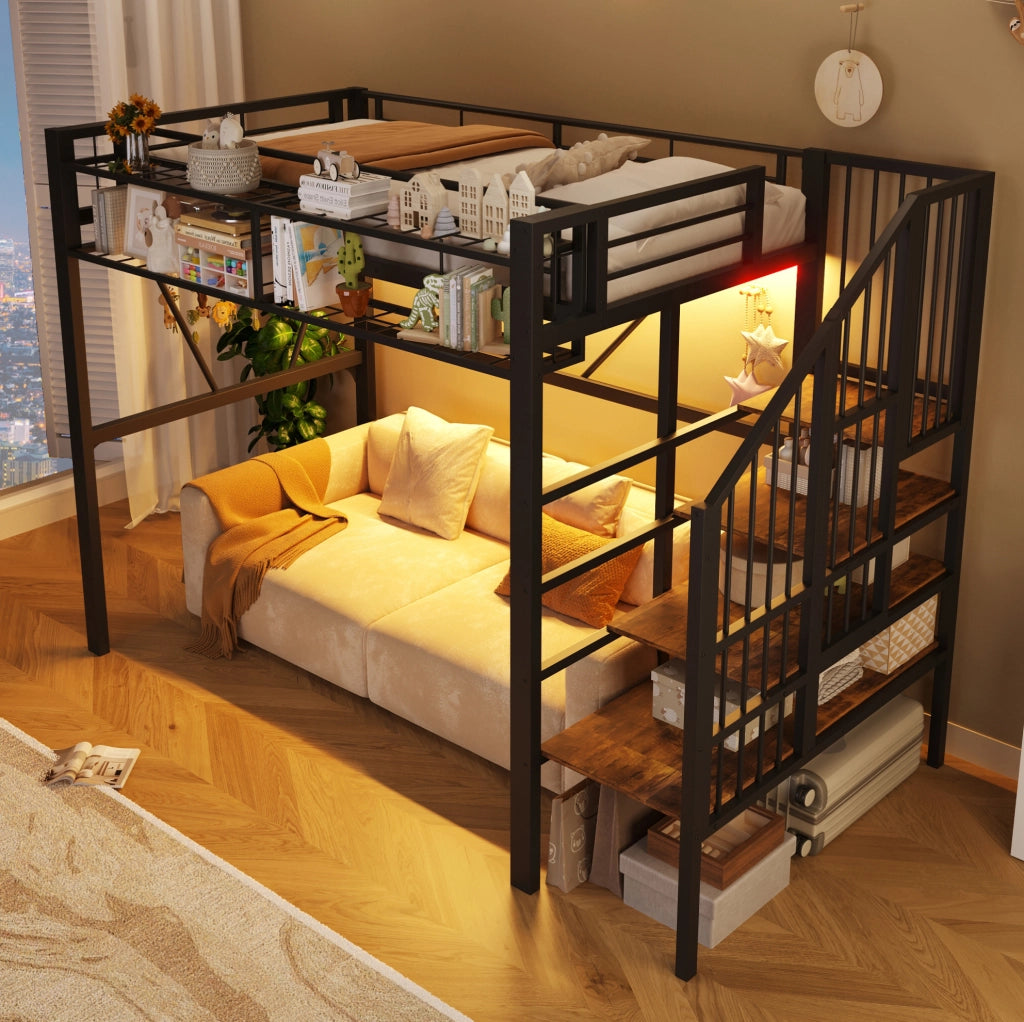 Letto a soppalco 90x200 cm in metallo e MDF con scala contenitore; LED; nero