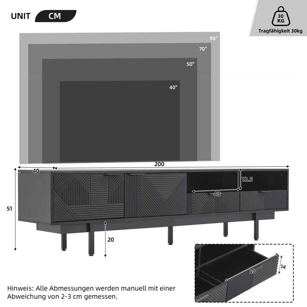 Cassettiera TV nera in truciolato lunghezza 200 cm