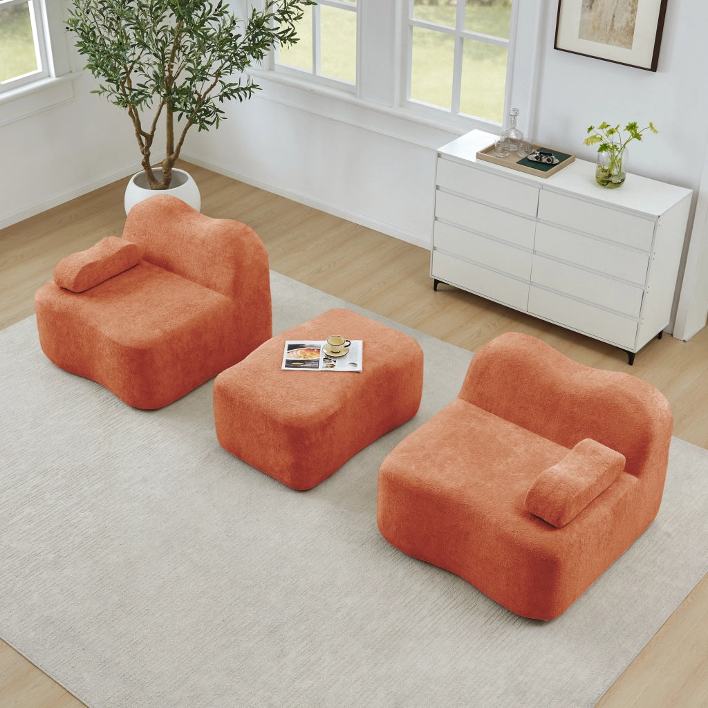 Divano angolare modulare 2 posti con pouf; forma ondulata e cuscino bracciolo mobile in velluto arancione