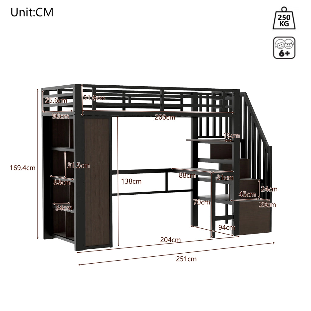 Letto castello 90x200 ferro scrivania LED scala stivaggio nero