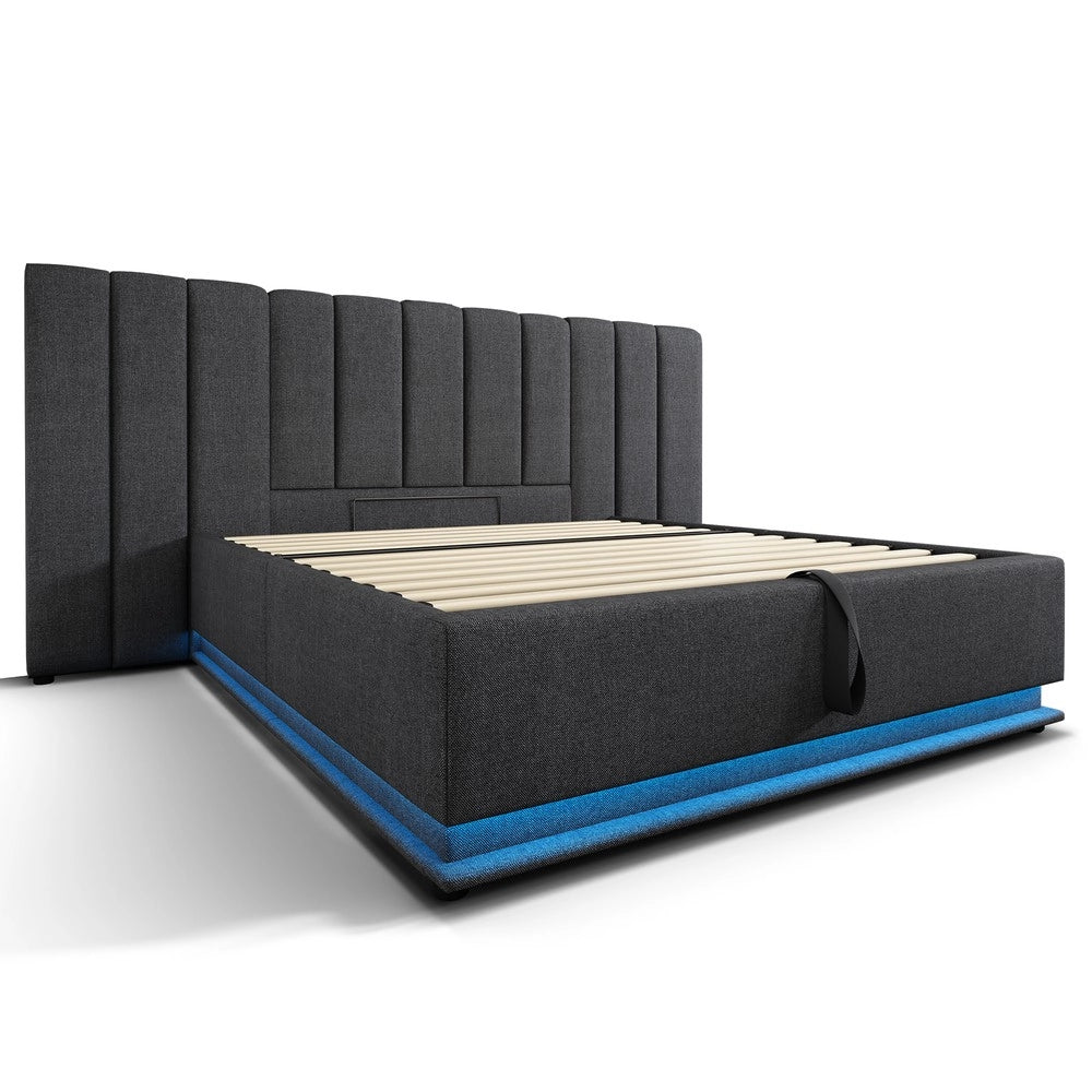 Letto Imbottito Contenitore Matrimoniale con LED e USB ¨C MINIMAL ¨C Tessuto Grigio 180x200