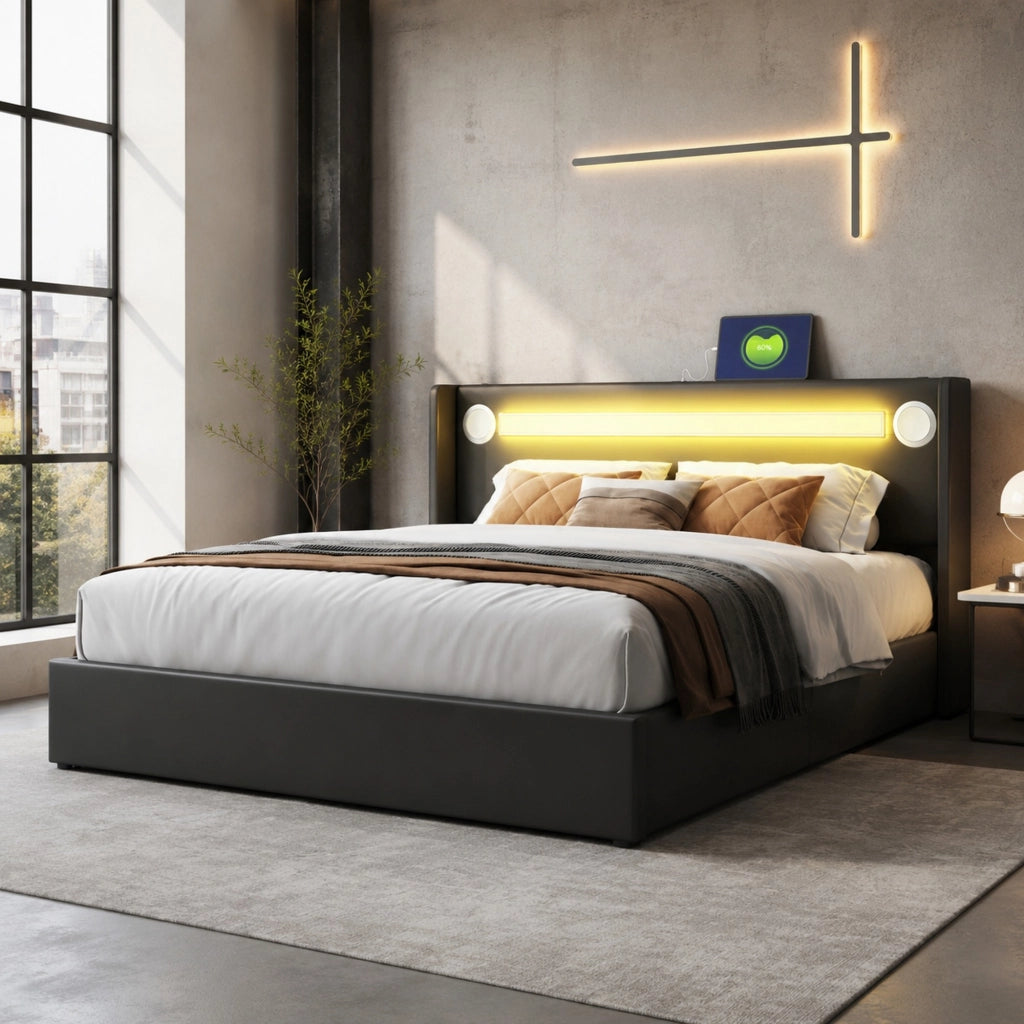 LETTO MATRIMONIALE 160x200 cm in PU nero con LED, Bluetooth e 2 porte USB