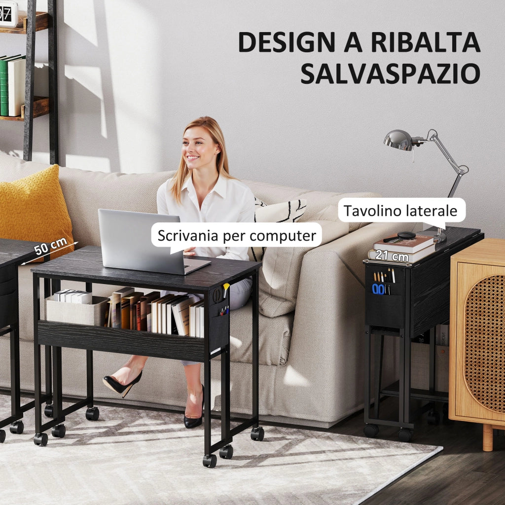 Scrivania Pieghevole Salvaspazio con Ribalta Scaffale e Ruote ¨C Minimal ¨C Nero