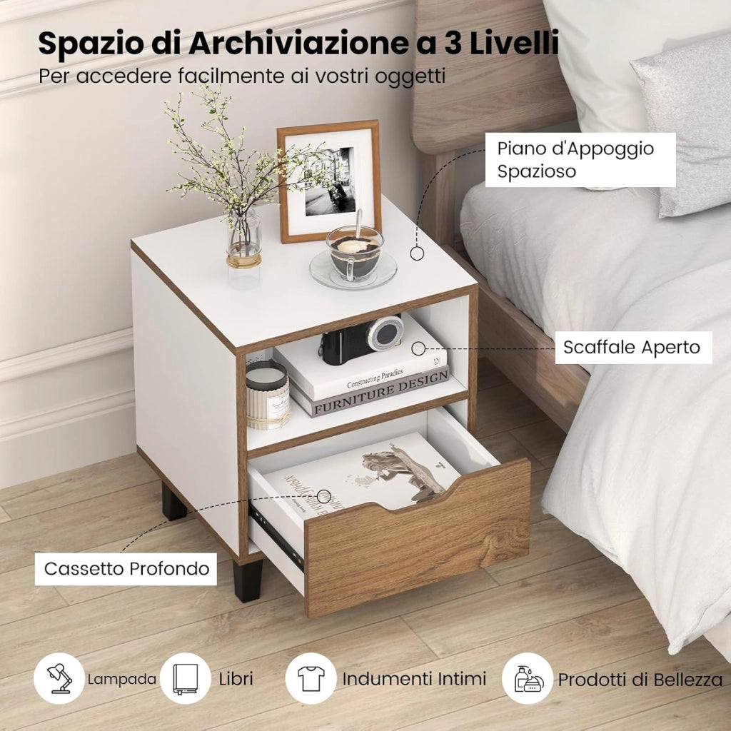 Set di 2 Comodini 37 x 33 x 44 cm, Tavolini da Letto con Cassetto, Scomparto Aperto e Gambe in Metallo, Mobile Laterale per Camera da Letto, Salotto e Soggiorno, Naturale e Bianco (2)