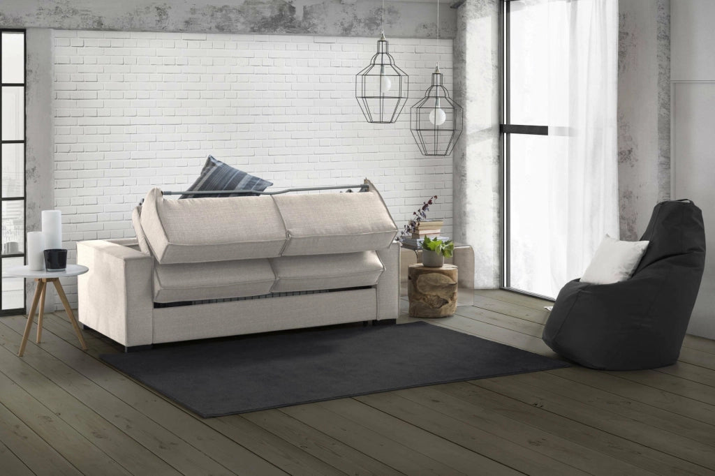 Divano Letto Alisa, Divano a 2 posti Large, Made in Italy, Sofà\  Soggiorno con apertura girevole, in tessuto imbottito, con Braccioli slim, cm 180x95h90, Tortora