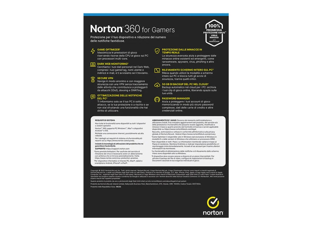 Antivirus Norton 360 for Gamers - per 3 Dispositivi Licenza 1 Anno per PC Mac Tablet e Smartphone