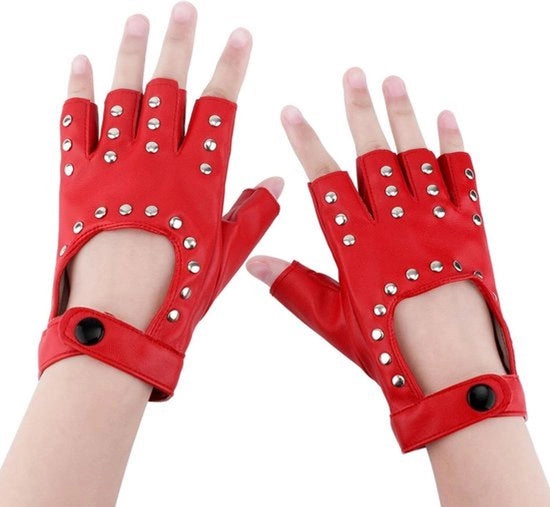 Manopole in pelle senza dita per donne - Manopole punk per biker - Rosse - Halloween - Cosplay - Studs - Adatte per signore - Tendenziali - Regalo per ragazze - Modelli - A metà della mano