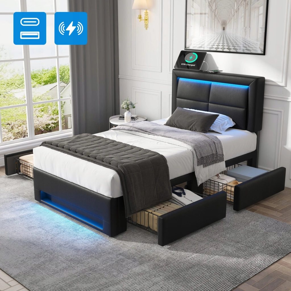 Letto imbottito con USB, LED, 4 cassetti - Xylo - 90x200 - Nero